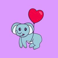 simpatico elefante che vola con palloncini a forma di amore. concetto animale del fumetto isolato. può essere utilizzato per t-shirt, biglietti di auguri, biglietti d'invito o mascotte. stile cartone animato piatto vettore