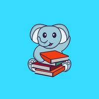 simpatico elefante che legge un libro. concetto animale del fumetto isolato. può essere utilizzato per t-shirt, biglietti di auguri, biglietti d'invito o mascotte. stile cartone animato piatto vettore