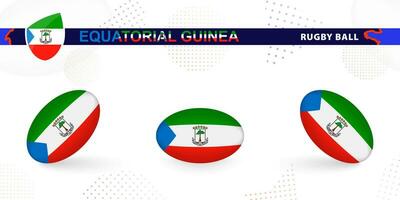 Rugby palla impostato con il bandiera di equatoriale Guinea nel vario angoli su astratto sfondo. vettore