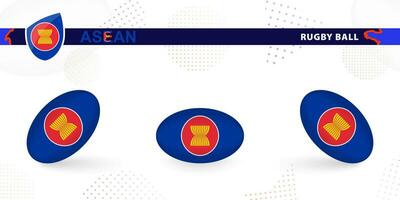 Rugby palla impostato con il bandiera di ASEAN nel vario angoli su astratto sfondo. vettore