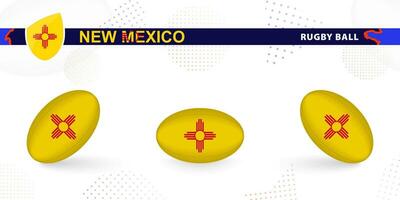 Rugby palla impostato con il bandiera di nuovo Messico nel vario angoli su astratto sfondo. vettore