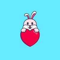 simpatico coniglio che tiene un grande cuore rosso. concetto animale del fumetto isolato. può essere utilizzato per t-shirt, biglietti di auguri, biglietti d'invito o mascotte. stile cartone animato piatto vettore