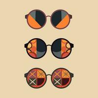 impostato di geometrico astratto occhiali da sole.anni '70 retrò hippie style.vibes impaurito occhiali con deco elementi.vintage nostalgia psichedelico elementi. vettore