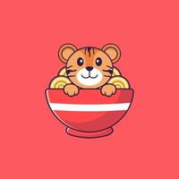 tigre carina che mangia spaghetti ramen. concetto animale del fumetto isolato. può essere utilizzato per t-shirt, biglietti di auguri, biglietti d'invito o mascotte. stile cartone animato piatto vettore