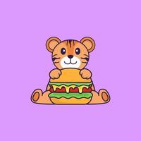 tigre carina che mangia hamburger. concetto animale del fumetto isolato. può essere utilizzato per t-shirt, biglietti di auguri, biglietti d'invito o mascotte. stile cartone animato piatto vettore