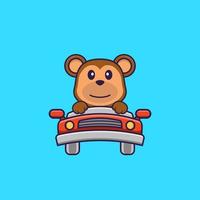 la scimmia carina sta guidando. concetto animale del fumetto isolato. può essere utilizzato per t-shirt, biglietti di auguri, biglietti d'invito o mascotte. stile cartone animato piatto vettore