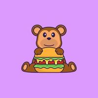 scimmia carina che mangia hamburger. concetto animale del fumetto isolato. può essere utilizzato per t-shirt, biglietti di auguri, biglietti d'invito o mascotte. stile cartone animato piatto vettore