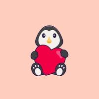 simpatico pinguino che tiene un grande cuore rosso. concetto animale del fumetto isolato. può essere utilizzato per t-shirt, biglietti di auguri, biglietti d'invito o mascotte. stile cartone animato piatto vettore