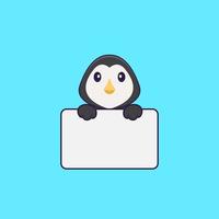 simpatico pinguino che tiene lavagna. concetto animale del fumetto isolato. può essere utilizzato per t-shirt, biglietti di auguri, biglietti d'invito o mascotte. stile cartone animato piatto vettore
