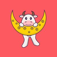 la mucca carina è sulla luna. concetto animale del fumetto isolato. può essere utilizzato per t-shirt, biglietti di auguri, biglietti d'invito o mascotte. stile cartone animato piatto vettore