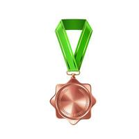 realistico bronzo vuoto medaglia su verde nastro. gli sport concorrenza premi per terzo posto. campionato ricompensa per vittorie e realizzazioni vettore