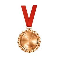 realistico bronzo medaglia su rosso nastro con inciso numero tre. gli sport concorrenza premi per terzo posto. campionato ricompensa per realizzazioni e vittoria. vettore