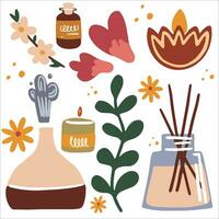 illustrazione di aromaterapia e essenziale oli. incenso bastoni, terme candele e erbe aromatiche. vettore