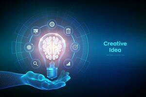 creativo idea. umano cervello nel un' leggero lampadina nel mano. attività commerciale idea, brainstorming. creativo pensiero. leggero lampadina con cervello. creatività, innovazione, ispirazione tecnologia concetto. vettore illustrazione.
