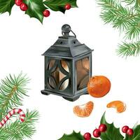 candeliere, mandarini, abete rosso rami. vettore illustrazione di un' Natale composizione. design elemento per saluto carte, nuovo anno inviti, a tema striscioni, volantini.