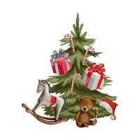 Natale albero, di legno cavallo, giocattolo orso, i regali. vettore illustrazione per nuovo anno composizione. design elemento per saluto carte, inviti, a tema striscioni, volantini.