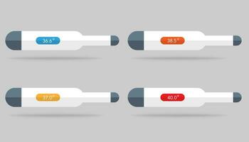impostato di termometro icone con temperatura livello su esso. 36.6, 37,0, 38.5 e 40 gradi con colori. isolato medico termometro con centigrado o fahrenheit. controllo di Salute con indicatore nel piatto. vettore