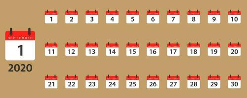 settembre calendario pianificatore. isolato mese organizzatore nel rosso e bianca. giorni di mese a partire dal 1 per 30. promemoria per settembre. diario impostato nel piatto design. settimana e mese calendario. eps 10. vettore