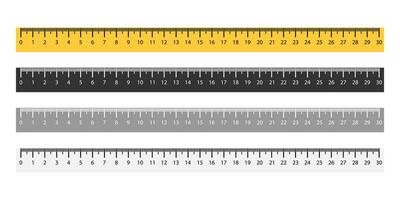 impostato di righello metrico misurazione nel giallo e nero colori. isolato misurare attrezzo a partire dal 1 per 30 centimetro. orizzontale regola con mm cartello. distanza misurazione matematica strumento. vettore eps 10.