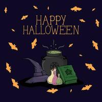 vettore Halloween illustrazione per un' manifesto o saluto carta. un' strega cappello, un' strega calderone, un' Libro degli incantesimi e fiaschi di pozioni e pipistrelli su un' filetto sfondo