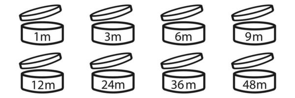 periodo dopo Aperto icone collezione. isolato pao simbolo su bianca sfondo. scadere Data a partire dal 1 per 48 mese. freschezza etichetta pittogramma. cosmetico Prodotto scadenza. vettore eps 10.