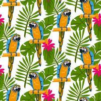 tropicale pappagallo uccelli con ibisco fiori e le foglie su un' bianca sfondo. senza soluzione di continuità esotico elegante modello. alla moda colori. ideale per stampa su tessuto e sfondo. grande pappagalli su un' ramo vettore