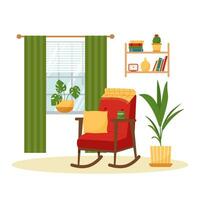 Vintage ▾ vivente camera interno con sedia e finestra. retrò mobilia impostato nel 60s stile. piatto vettore illustrazione