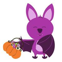 carino pipistrello con zucca con caramella. contento Halloween etichetta. vacanza clipart vettore