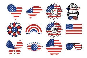 set di simboli del giorno dell'indipendenza degli Stati Uniti con bandiera, arcobaleno, cuori, labbra, occhi, girasole, citazioni, donna isolata su sfondo bianco. illustrazione piatta vettoriale. design per banner, poster, biglietti di auguri vettore