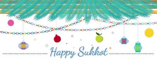 sukkah tradizionale per la festa ebrea sukkot illustrazione vettoriale sfondo. felice sukkot in ebraico. cornice di foglie di palma tropicale, stamina colorata, ghirlande, decorazione di lanterne di carta.