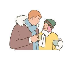 coppia in stile moda invernale con in mano una bevanda calda. illustrazioni di disegno vettoriale stile disegnato a mano.
