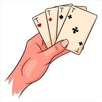 gioco d'azzardo. carte da gioco in mano. casinò, fortuna, fortuna. quattro assi. vettore