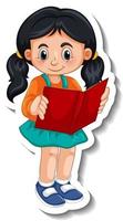 modello di adesivo con una ragazza che legge un personaggio dei cartoni animati del libro isolato vettore