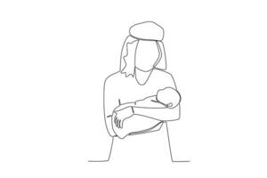 un' singolo linea disegno di un' ostetrica Tenere un' bambino per essere consegnato al di sopra di per genitori vettore
