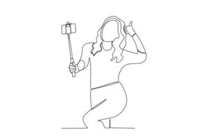 uno continuo linea disegno di un' il femmina vlogger si chiude sua video blog di dando un' pollici su vettore