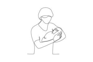 uno singolo linea disegno di un' ostetrica Tenere neonato bambino vettore