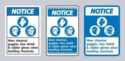 cartello di avviso indossare occhiali protettivi, visiera e guanti di gomma quando si maneggiano prodotti chimici vettore