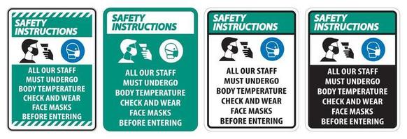 il personale delle istruzioni di sicurezza deve essere sottoposto a un segno di controllo della temperatura su sfondo bianco vettore