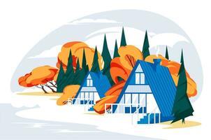 di legno vacanza case, cottage vicino un' conifero autunno foresta, un' lago o un' fiume. il concetto di alloggio per all'aperto ricreazione. vettore piatto illustrazione