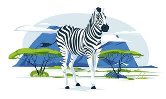 un' zebra in piedi solo contro un' savana paesaggio. selvaggio africano animali. vettore piatto illustrazione