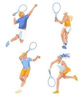impostato di diverso tennis Giocatori pose. professionale grande sport. personaggio design. isolato su bianca sfondo. vettore piatto illustrazione