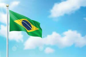 agitando bandiera di brasile su cielo sfondo. modello per indipendenza vettore