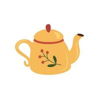 Vintage ▾ tè bollitore e accogliente teiera, erbe aromatiche. rustico teiera con autunno erbaceo bere, tazza da tè, le foglie. colorato piatto vettore illustrazione isolato su bianca sfondo.