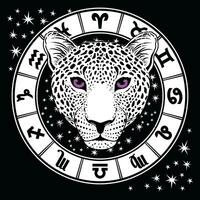 design per un' leopardo testa maglietta con segni di il zodiaco. vettore illustrazione su esoterico temi.