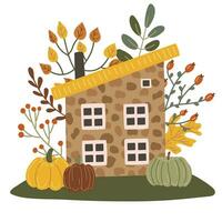 Casa con alberi. autunno stagione. vettore illustrazione nel piatto cartone animato stile.