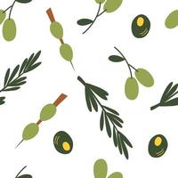 modello senza soluzione di continuità con le olive. sfondo colorato di olive verdi del fumetto. perfetto per ristoranti e bar, eventi martini, cosmetici biologici, aziende olivicole, volantini e menu. illustrazione vettoriale