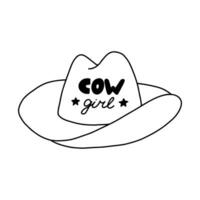 carino mano disegnato cowgirl cappello scarabocchio con schema. sceriffo cappello con lettering nel cowgirl e cowboy occidentale tema. semplice scarabocchio con Stampa per cavallo ranch, selvaggio ovest stile. vettore clipart isolato