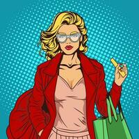 shopping donne pop arte retrò stile vettore azione illustrazione