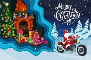 Natale carta tagliare Santa su bicicletta e camino vettore
