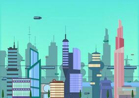 futuro città piatto illustrazione. urbano paesaggio urbano modello con moderno edifici e futuristico traffico. bandiera per ragnatela design. vettore
